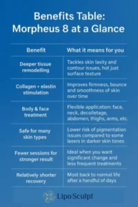 How Often Can I have Morpheus 8? 3 Table showing the benefits of Morpheus 8 treatment from Lipo Sculpt Bexhill